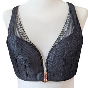 Black Lace Plunge Wireless Bra Rose Gold Clasp Adjustable Straps Band Size 36